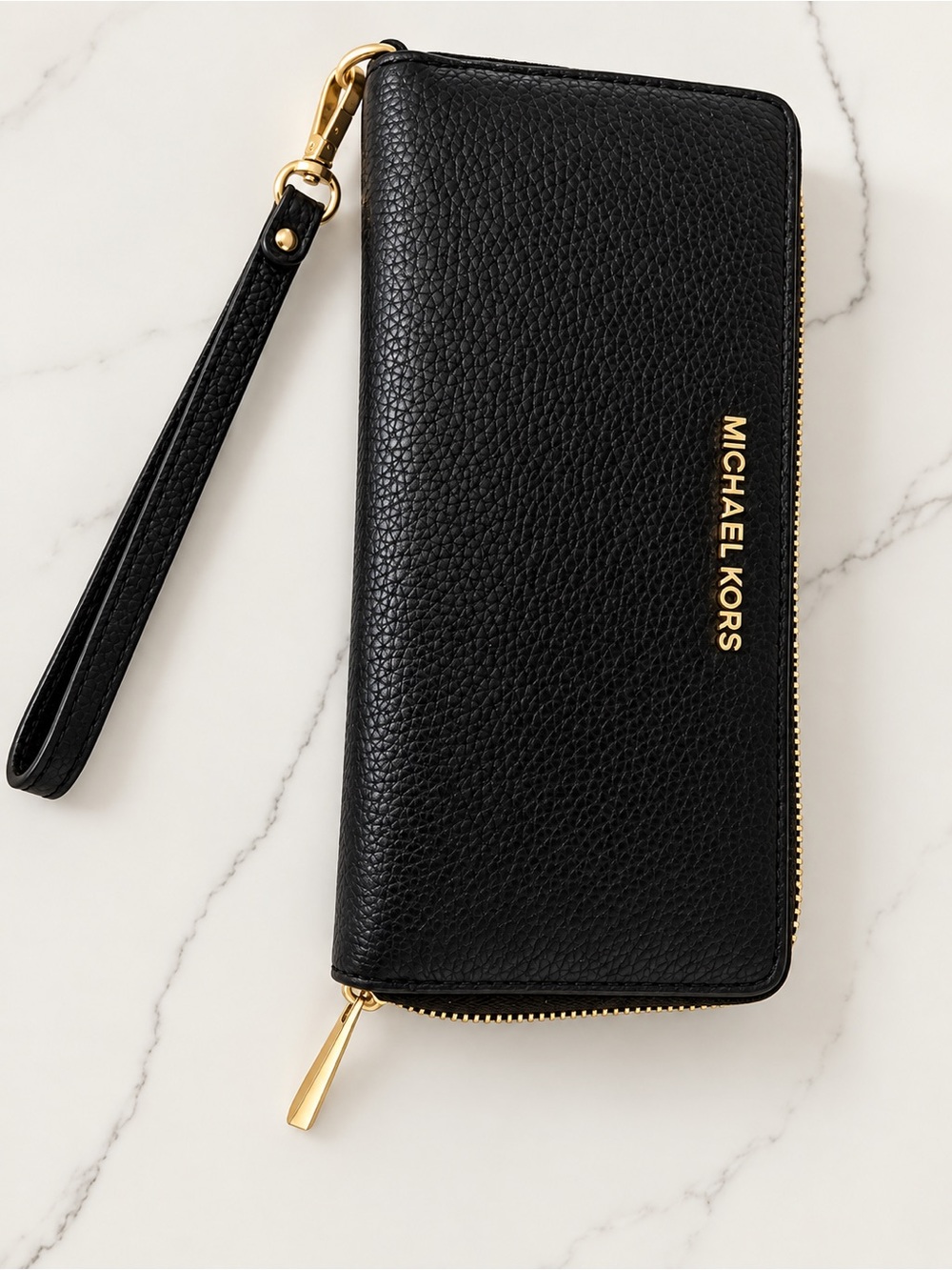 Michael Kors Black Pebbled Leather Zip Wristlet with Gold Hardware
